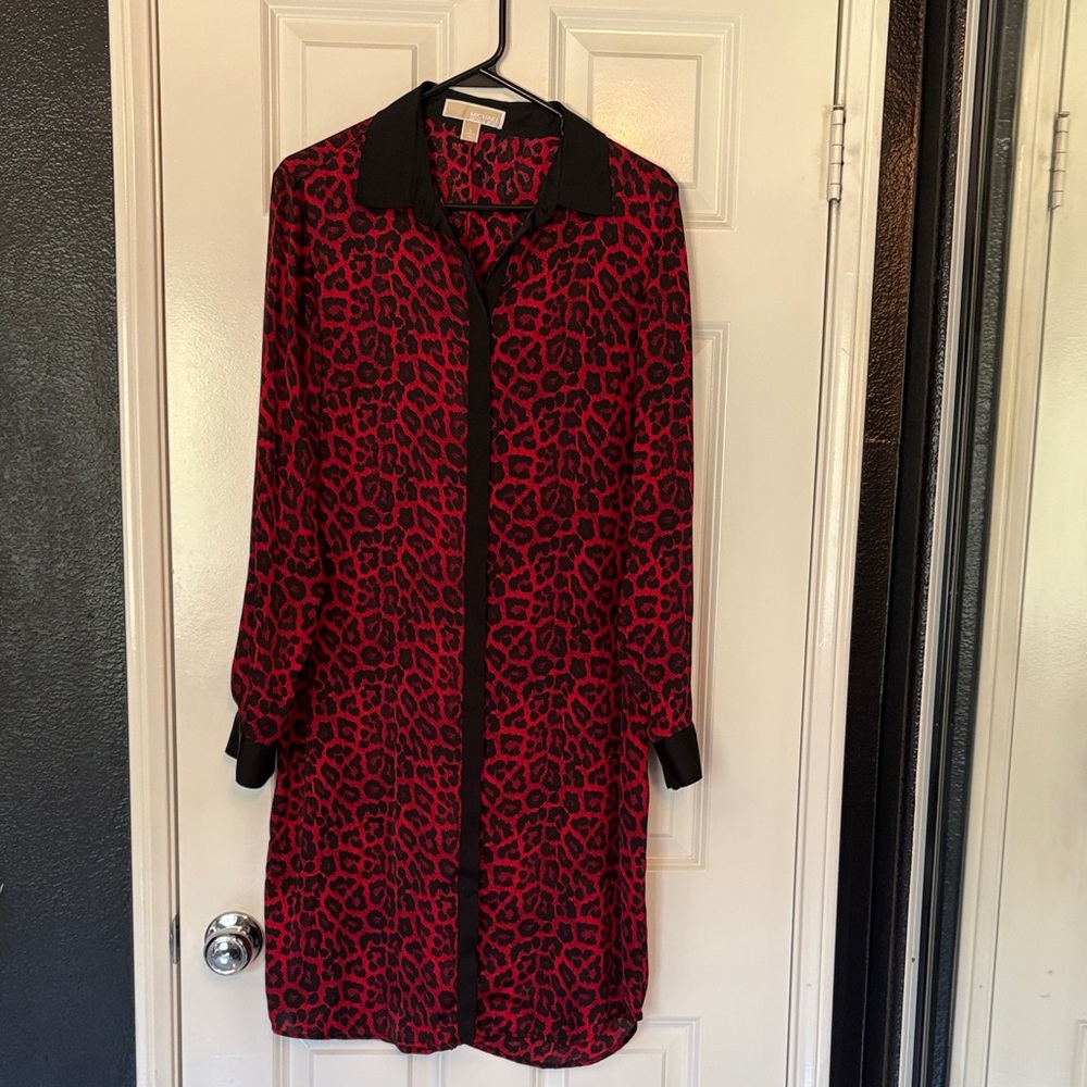 Michael Kors Red and Black Animal Print Long Sleeve Dress silk, sexy vibrant